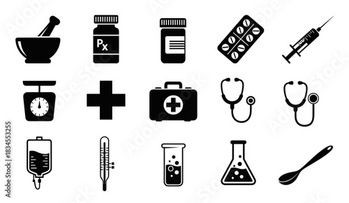 Set of fifteen black medical icons representing pharmacy, hospital, and laboratory equipment like a mortar, test tube, and syringe in a simple silhouette design