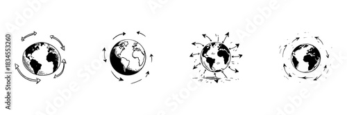Earth With Arrows Doodle Sketch Set. Global Movement, Connectivity, International Exchange In Hand Drawn Style. Symbolizing Globalization And Worldwide Interaction. Isolated Vector Illustration