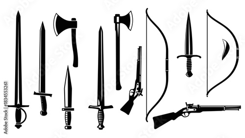 Collection of black historical weapon silhouettes including swords, axes, bows, and firearms in a graphic icon set style for historical or fantasy themed designs