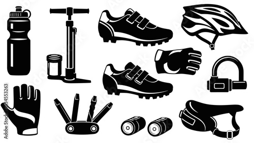 Black silhouette bicycle accessories and equipment set including a helmet, shoes, gloves, pump, lock, and multi-tool for cycling enthusiasts, presented as a graphic vector illustration
