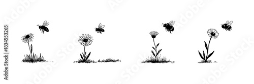 Bees And Flowers Doodle Sketch Set. Pollination And Nature Interaction In Hand Drawn Style Collection. Botanical And Environmental Illustration. Isolated Vector Illustration