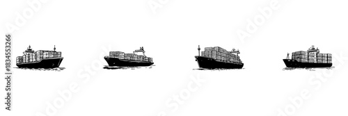 Container Ships Doodle Sketch Set. Maritime Cargo Transport And Global Shipping Logistics In Hand Drawn Style Collection. Nautical Trade And Freight Movement. Hand Drawn Isolated Vector Illustration