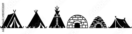 Set of black silhouette icons depicting various traditional and primitive dwellings like tipis, an igloo, a hut, and a tent, presented in a clean graphic style