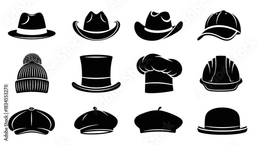 Collection of twelve black hat icons featuring various styles like a fedora, cowboy, beanie, top hat, chef's hat, hard hat, and beret in a minimalist graphic vector illustration