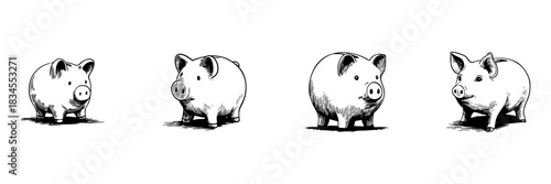 Piggy Bank Doodle Sketch Set. Financial Savings, Investment, And Money Management In Hand Drawn Style Collection. Personal Finance And Budgeting. Hand Drawn Isolated Vector Illustration