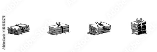 Stacks Of Money Bundles Doodle Sketch Set. Financial Wealth, Savings, And Investment Growth In Hand Drawn Style Collection. Economic Prosperity And Cash Management. Isolated Vector Illustration