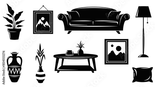 Collection of black silhouette furniture and home decor icons including a sofa, coffee table, lamp, pillow, vases, and framed art for interior design concepts