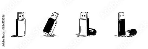 Usb Flash Drive Doodle Sketch Set. Portable Data Storage And File Transfer Devices In Hand Drawn Style Collection. Digital Information Management. Hand Drawn Isolated Vector Illustration