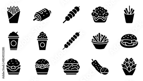 Fifteen black solid icons of fast food and street food items like burgers, fries, skewers, and beverages, presented in a minimalist graphic illustration style for design elements