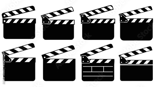 Collection of eight black clapperboard icons in various minimalist designs, representing filmmaking, cinema production, and the entertainment industry in a clean graphic illustration