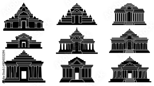 Set of nine black ancient temple silhouettes in a minimalist icon style, featuring various historical architectural designs with columns, pyramids, and stupas for cultural heritage concepts