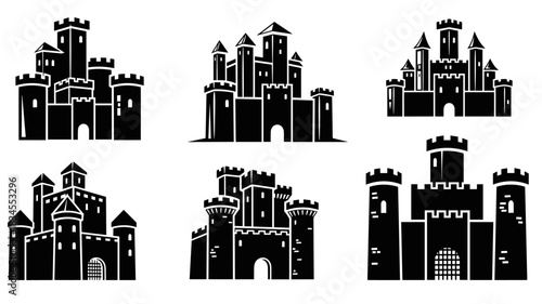 Collection of six black castle silhouettes featuring various towers, gates, and battlements, presented as a set of graphic icons for medieval or fantasy themes in a minimalist style