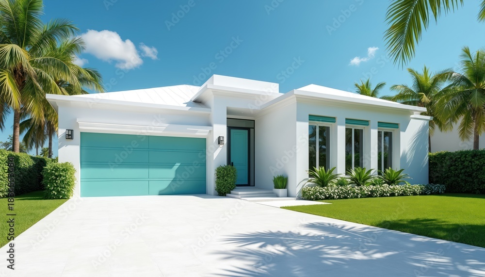 Obraz premium Modern white house with teal garage door and entryway. Tropical palm trees surround property under clear blue sky. Rich green lawn and manicured bushes add to curb appeal of this sunny Florida estate.