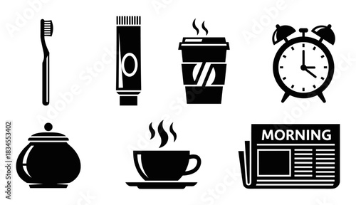 Set of black morning routine icons including a toothbrush, toothpaste, coffee, alarm clock, sugar bowl, and newspaper, depicted in a simple, flat, minimalist glyph style