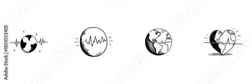 Earth And Heartbeat Doodle Sketch Set. Global Health, Environmental Awareness, And Planetary Well-Being In Hand Drawn Style Collection. Earth And Heartbeat Symbolism. Isolated Vector Illustration