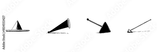 Conical Objects And Musical Instruments Doodle Sketch Set. Geometric Shapes And Sound Devices In Hand Drawn Style Collection. Artistic And Creative Illustration. Isolated Vector Illustration