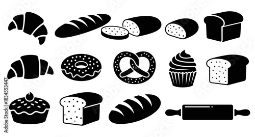 Set of black bakery icons featuring bread, croissants, donuts, cupcakes, and a rolling pin in a simple graphic silhouette style for food and cooking concepts