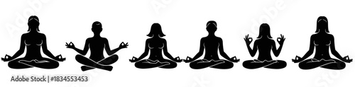 Six black female silhouettes in a row sitting in a lotus yoga pose with hands in a mudra gesture, a minimalist graphic collection for meditation and spiritual wellness