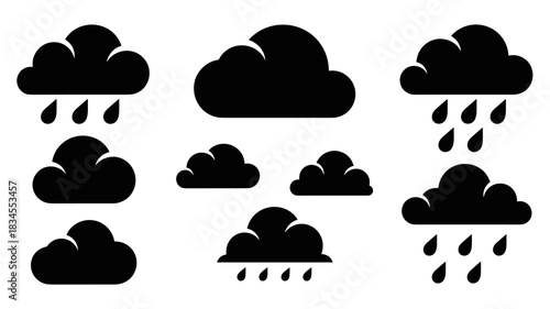 Collection of black cloud weather icons showing various conditions from overcast to rainy, featuring simple stylized silhouettes with raindrops for meteorological forecast concepts