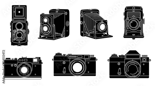 Collection of vintage retro photo cameras illustrated in a black and white silhouette style, showcasing various classic models like TLR, folding, and rangefinder designs