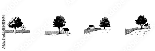 Rural Landscape With Houses And Trees Doodle Sketch Set. Countryside Scenery And Tranquil Living In Hand Drawn Style Collection. Rustic Charm And Simplicity. Hand Drawn Isolated Vector Illustration