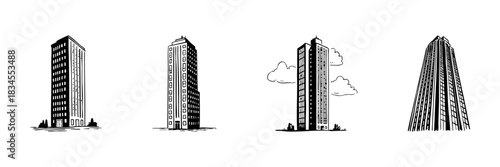 Skyscraper Building Doodle Sketch Set. Urban Architecture And Cityscape Design In Hand Drawn Style Collection. High-Rise Structures And Modern City Living. Isolated Vector Illustration
