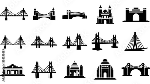 Set of black silhouette icons representing famous landmarks, including various bridges and architectural buildings in a minimalist graphic design style