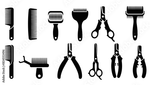 Pet grooming tools icon set featuring various black silhouettes of combs, brushes, scissors, and nail clippers for animal care, presented in a clean, minimalist vector style