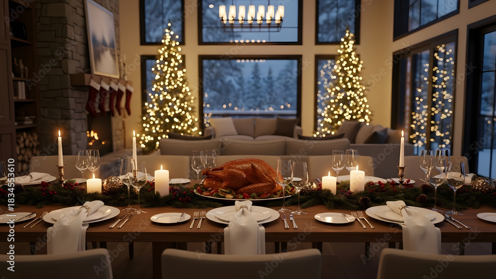 Fototapeta premium Gathering for a holiday dinner with a decorated table and a turkey in a cozy room during winter