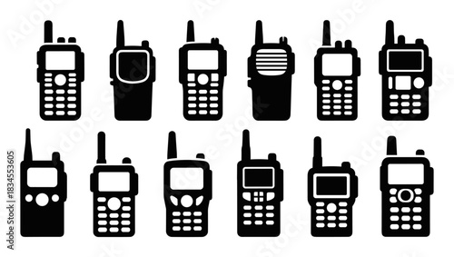 Collection of black walkie talkie icons showing various designs of portable two-way radio transceivers in a simple, flat vector silhouette style for communication concepts
