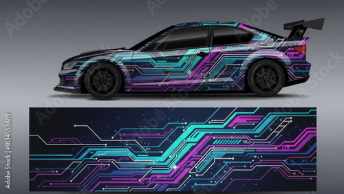 Custom car wrap design with abstract geometric shapes in vibrant colors.
