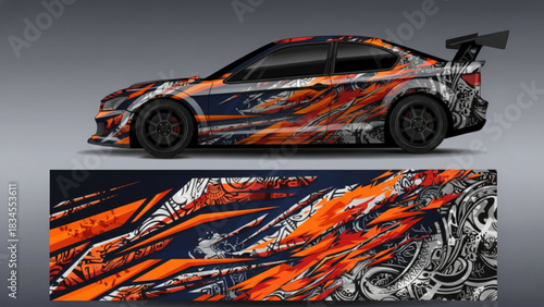 Custom car wrap design with abstract geometric shapes in vibrant colors.