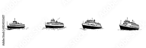 Ferry Boat Doodle Sketch Set. Maritime Transportation And Passenger Ferry Service In Hand Drawn Style Collection. Nautical Travel And Sea Voyage Illustration. Isolated Vector Illustration