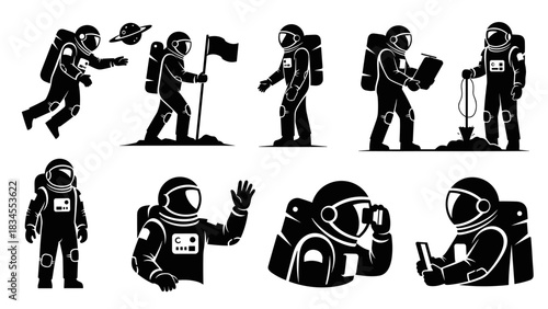 Set of black astronaut silhouette icons showing a spaceman character in various poses like floating, exploring, and planting a flag in a minimalist graphic vector style