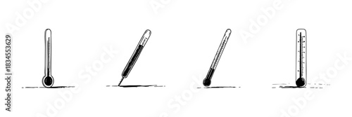 Thermometer Doodle Sketch Set. Temperature Measurement And Climate Monitoring In Hand Drawn Style Collection. Medical And Environmental Use. Hand Drawn Isolated Vector Illustration