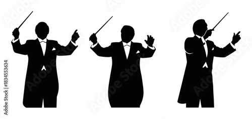 Three black silhouette illustrations of a conductor in a formal tuxedo leading an orchestra with a baton in various dynamic poses, representing classical music and symphony performance