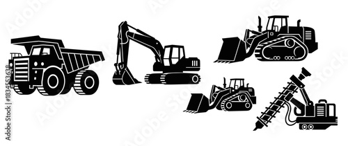 Set of heavy construction machinery silhouettes including a dump truck, excavator, bulldozer, loader, and drilling rig in a bold, graphic vector style illustration for industrial design