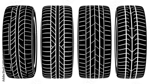 Four black car tires with different tread patterns are shown in a row in a graphic vector illustration style, showcasing various designs for vehicle traction and safety