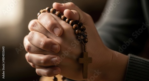 Human hands clasped in deep reverence, holding sacred wooden prayer beads with a symbolic cross, embodying faithful spiritual devotion and seeking profound divine solace.