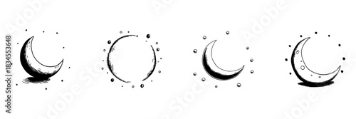 Crescent Moon And Full Moon Doodle Sketch Set. Celestial Phases And Night Sky Elements In Hand Drawn Style Collection. Lunar Cycle And Astronomy Symbols. Isolated Vector Illustration