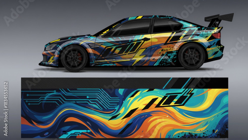 Custom car wrap design with abstract geometric shapes in vibrant colors.