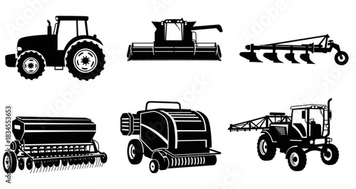 Set of black agricultural machinery silhouettes including a tractor, combine harvester, plow, seeder, baler, and sprayer, presented as a collection of farming equipment icons