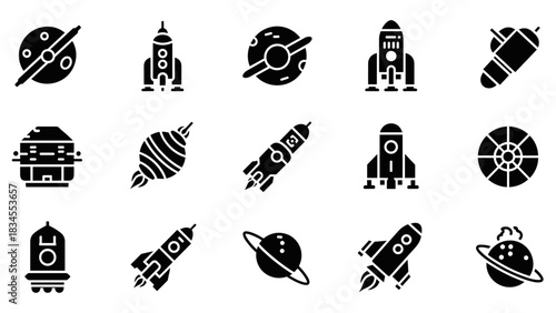 Set of black space-themed glyph icons featuring various rockets, planets, and spaceships in a minimalist solid style for science and technology concepts