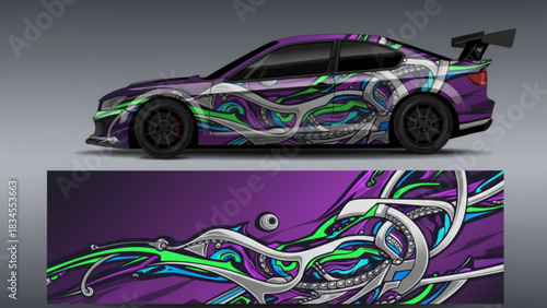 Custom car wrap design with abstract geometric shapes in vibrant colors.