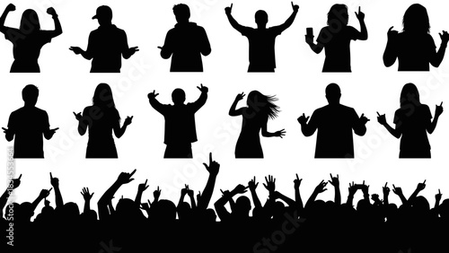 Set of black silhouettes of people dancing and cheering, featuring various individual figures and a large concert crowd with hands raised in celebration and excitement