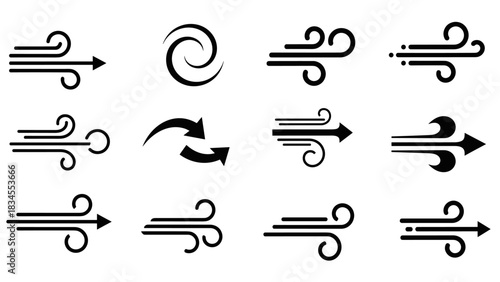 Collection of twelve black wind icons representing air flow, weather, breeze, and current with various arrow and swirl designs in a minimalist graphic style