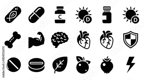 Health and vitamin supplement icon set representing nutrition, immunity, body organs, energy, and wellness in a simple black glyph style for medical and fitness concepts