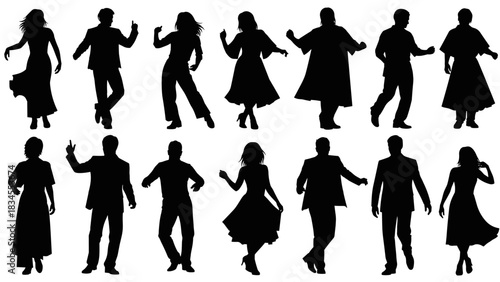 Large set of black silhouettes featuring men and women in different active dancing positions, dressed in formal attire for a party, disco, or festive gathering