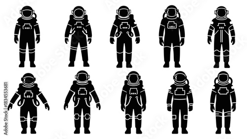 Set of black astronaut silhouette icons in various spacesuit designs standing in a row, a collection of flat vector graphic illustrations for space exploration themes