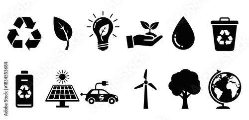 Set of black ecology icons representing sustainability, recycling, and green energy concepts like solar panels, wind turbines, and electric cars for environmental conservation